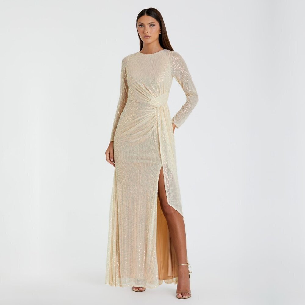NWT Mac Duggal Sequined Ruched Long Sleeve Boat Neck Gown Pearl 8 #8489